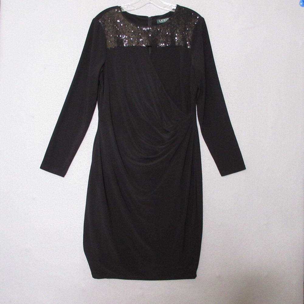 Lauren Ralph Lauren Black Sequin Faux Wrap Ruche Long Sleeve Dress - Picture 1 of 12